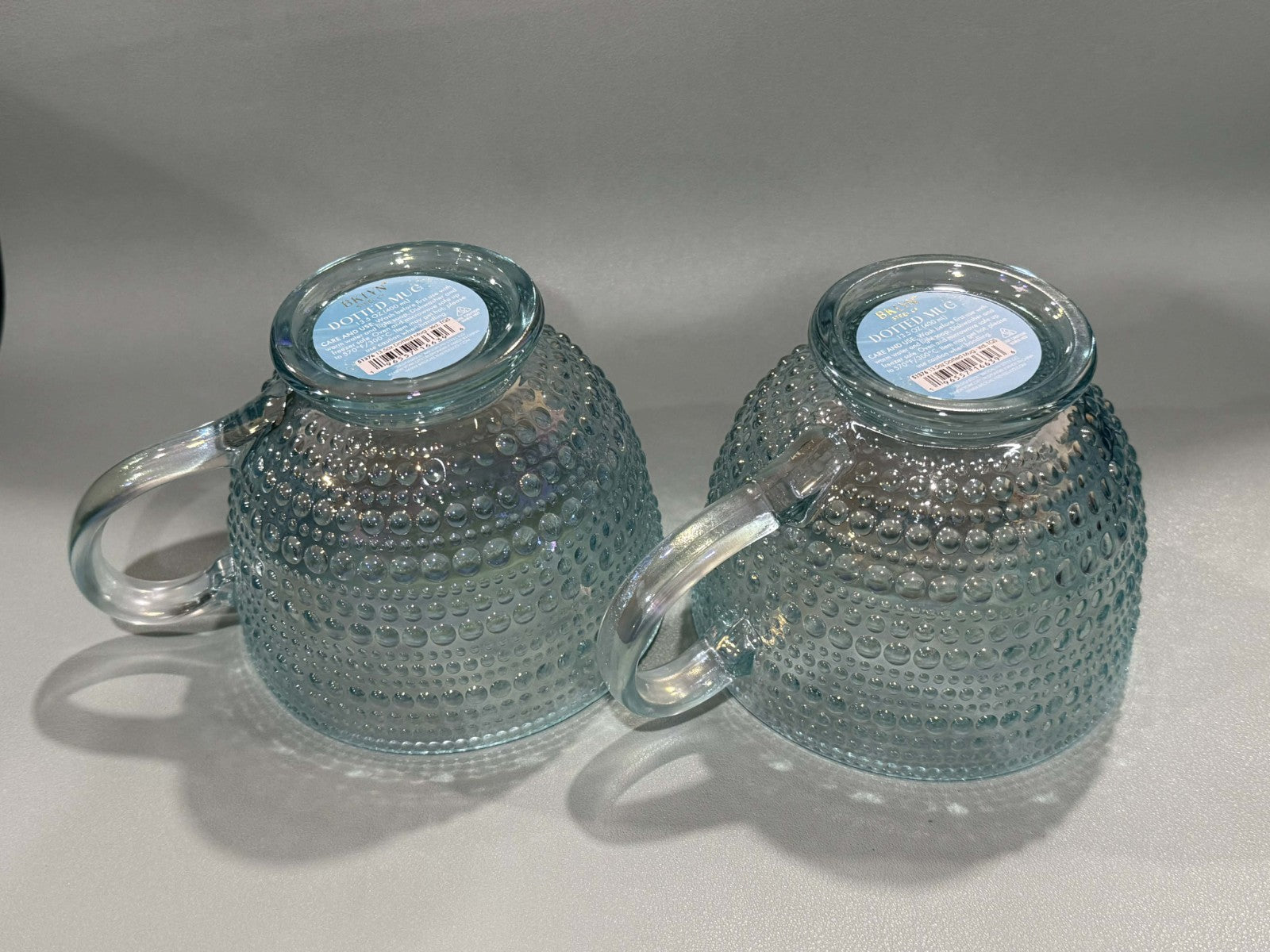Iridescent Icy Aqua Bubble Bead Raised Texture 13.5 Oz Glass Tea Cup Mug Set 4