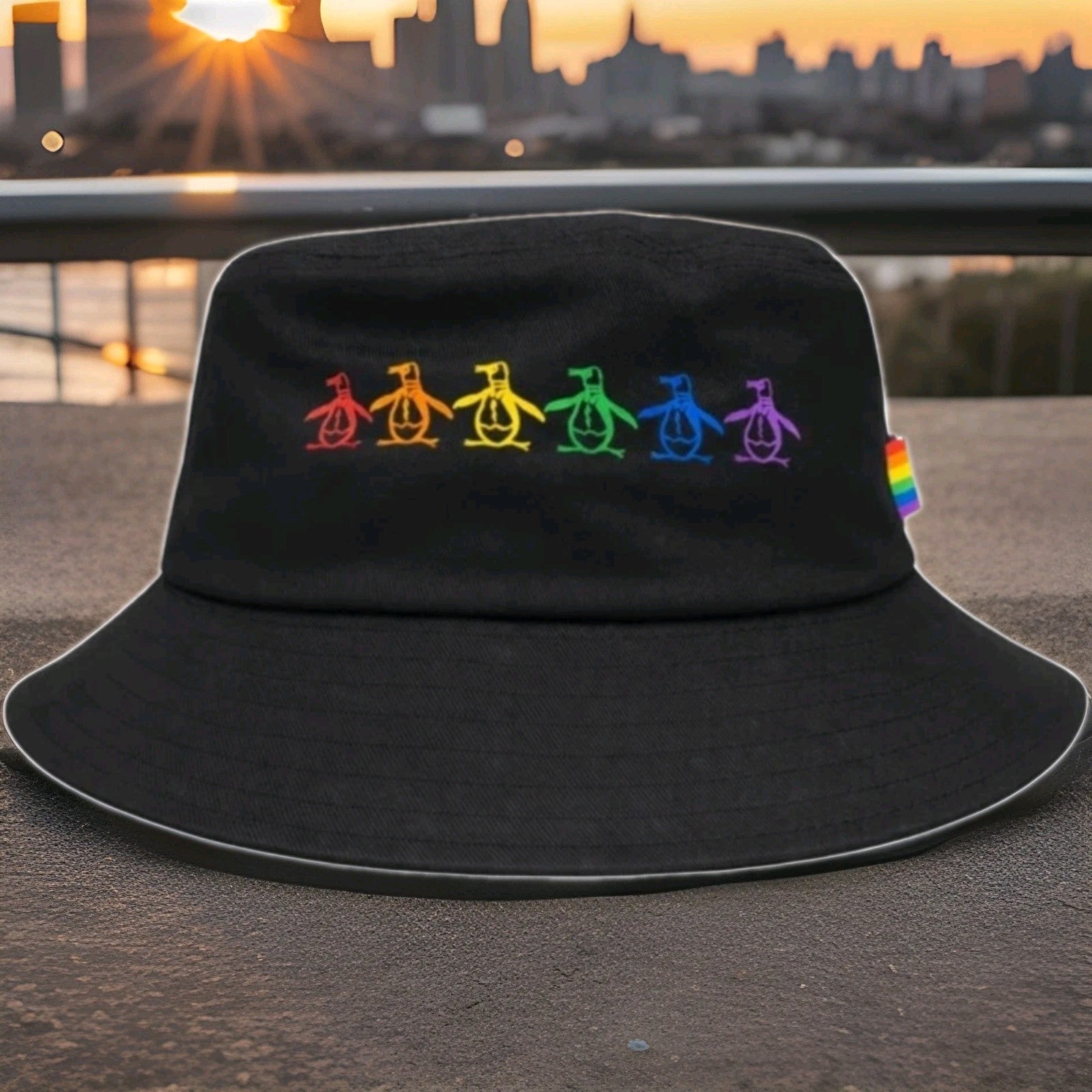 Original Penguin Pride Rainbow Bucket Hat Black OSFM Embroidered Logo NWT2