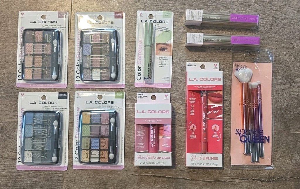 Lot of 10 L.A. Colors Smokey Eyeshadow Palette, Mascara,  Brushes,  Lippie & 0