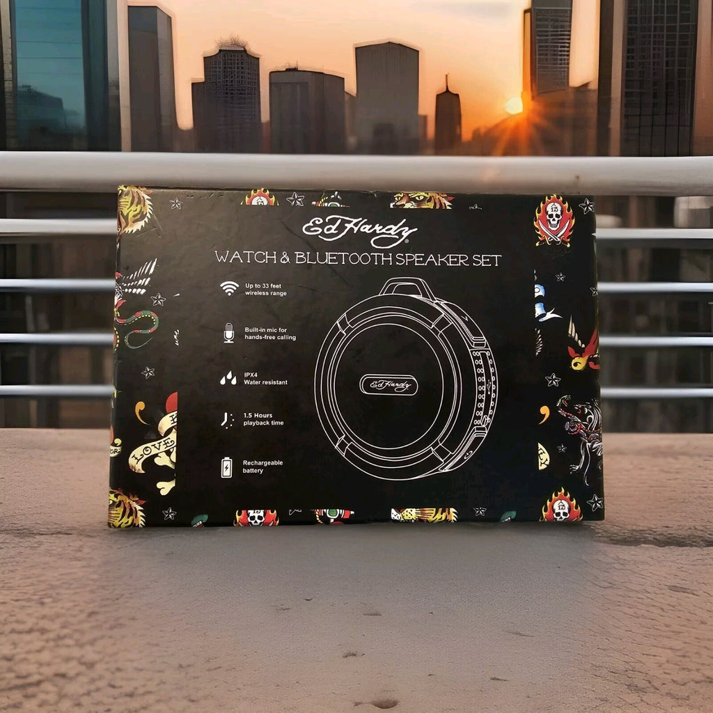 New Ed Hardy 2 Piece Gift SET BLING WATCH & Bluetooth Speaker Y2K GOLD 1