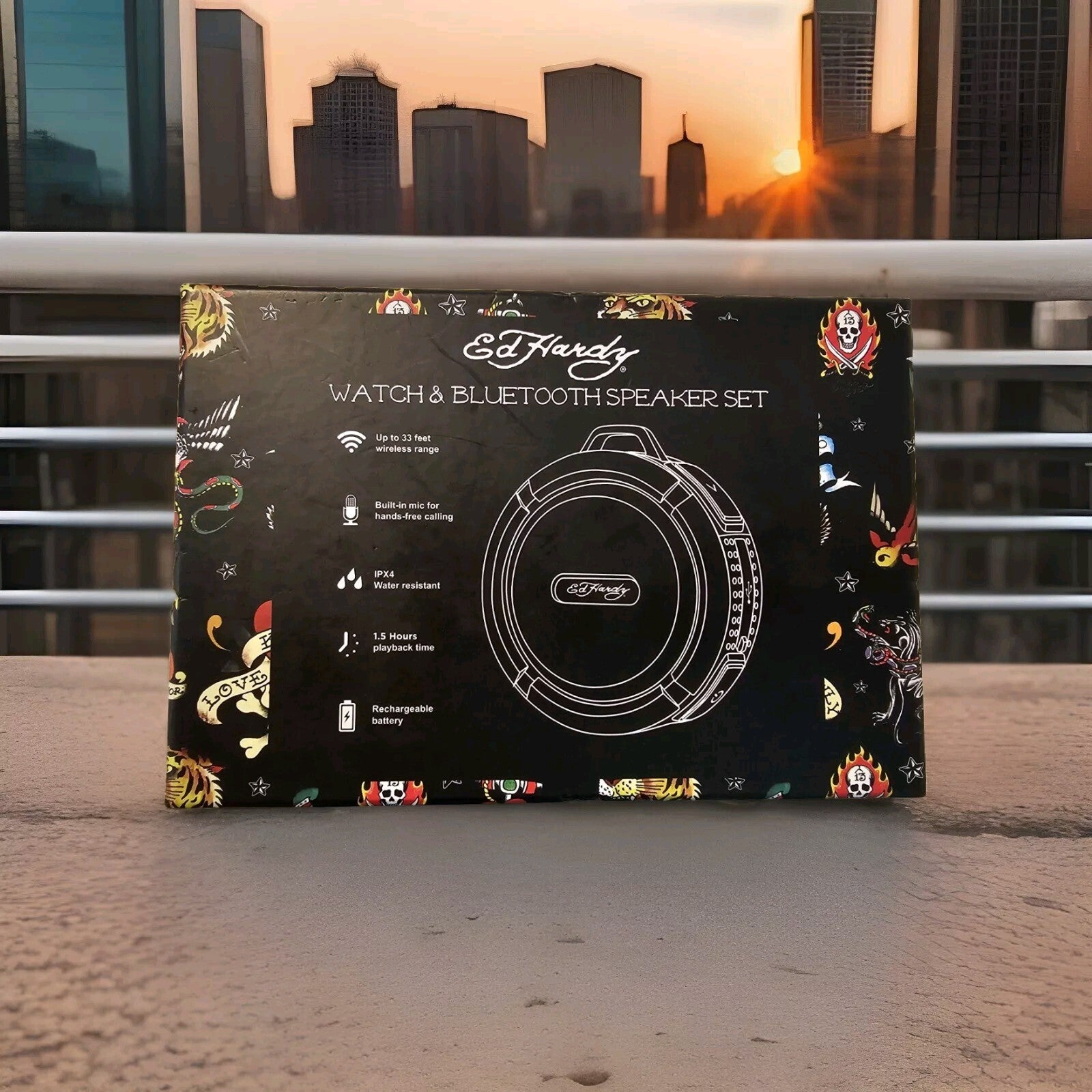 New Ed Hardy 2 Piece Gift SET BLING WATCH & Bluetooth Speaker Y2K GOLD 1