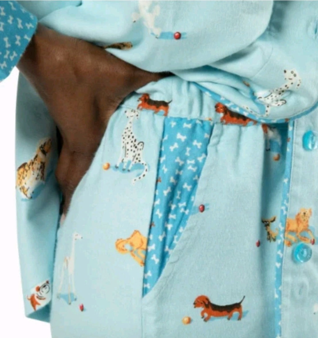 Munki Munki Womens Pajamas Blue Multicolor Dogs 2-Piece Flannel Pockets Soft XL2