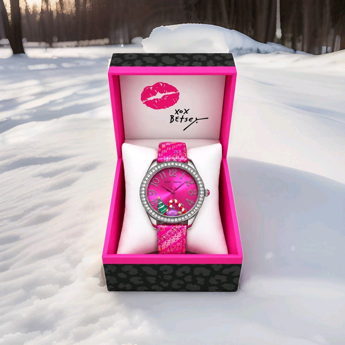 Betsey Johnson Pink Christmas Holiday Watch Rhinestone Leatherette Band Gift Box0