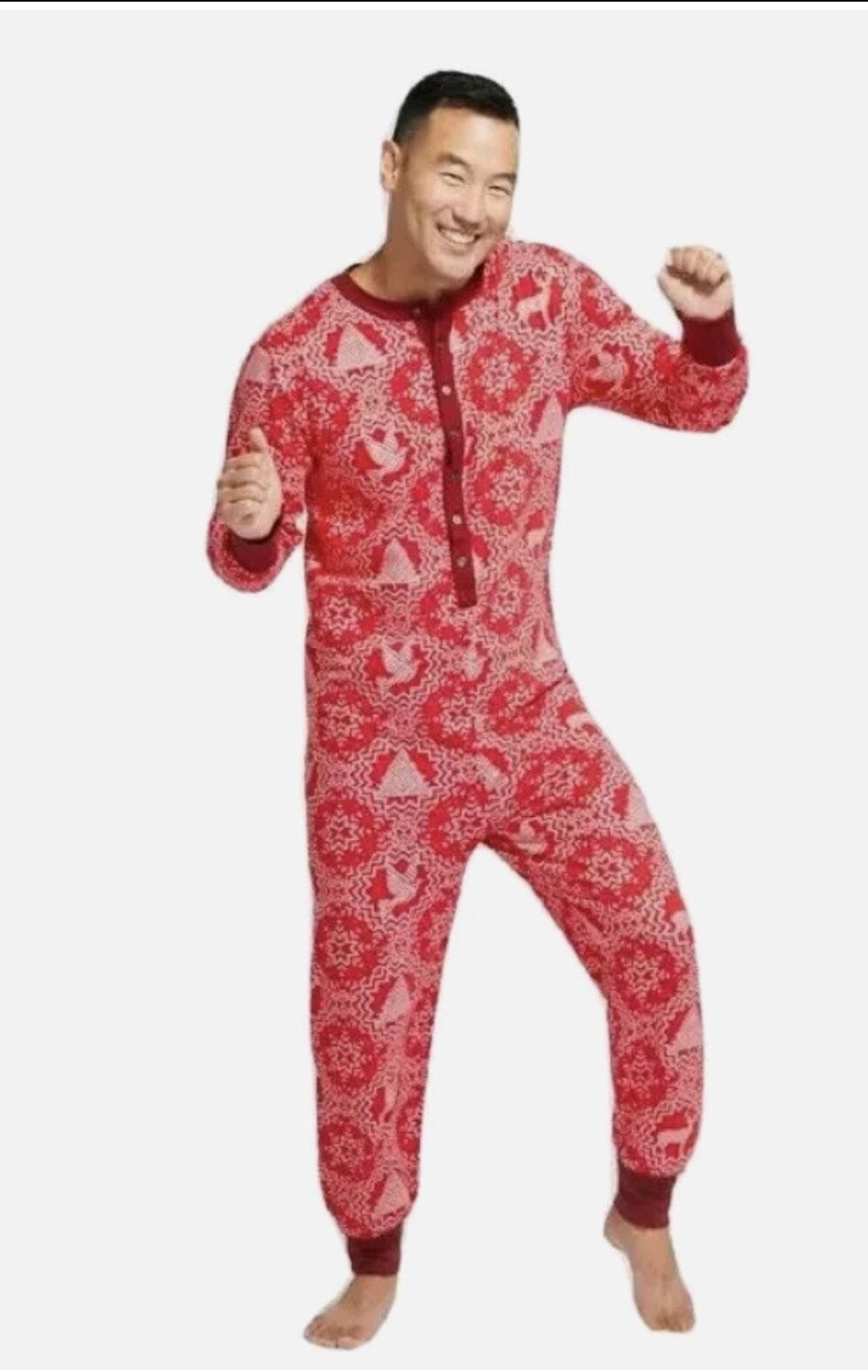 Magnolia Pajamas Union Suit Mens XXL Reindeer Good Tidings Red Cream 0