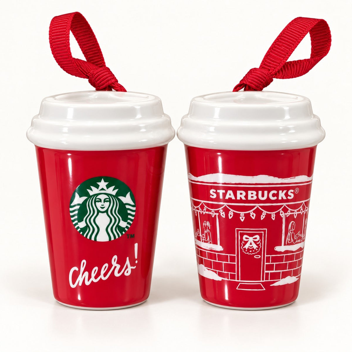 2x Starbucks 2025 Christmas Holiday Cheers Store Front Red Cup Ornament Lot New1