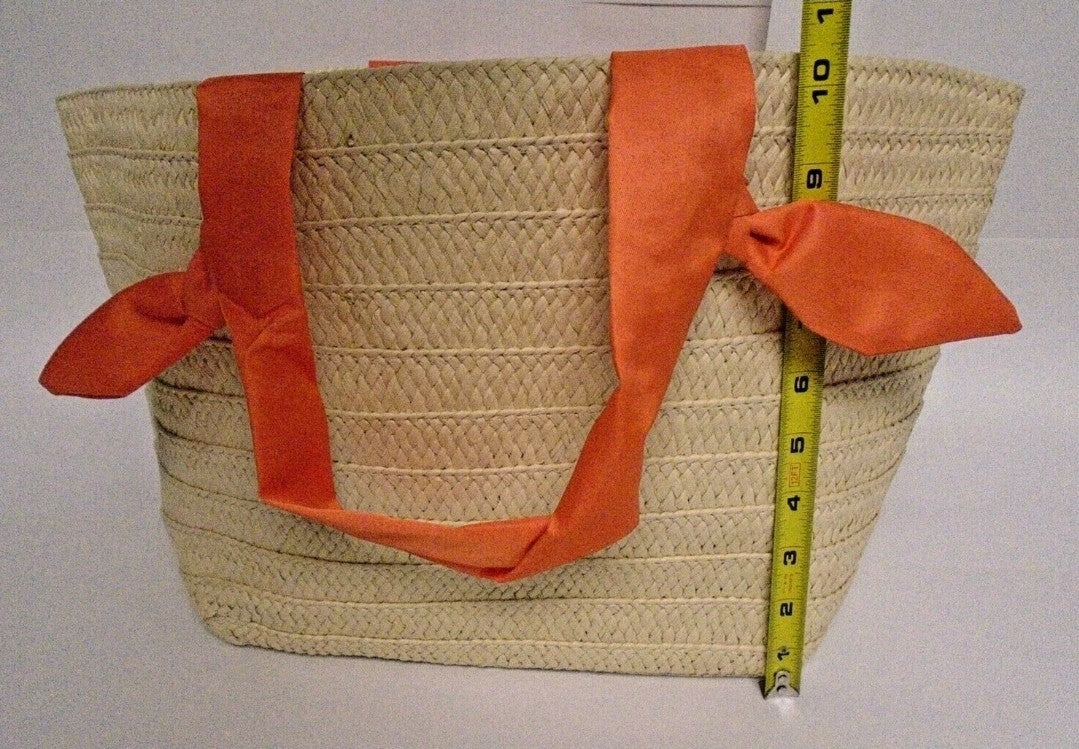 Neiman Marcus Straw Tote Bags  Beige Rattan, Orange Fabric Handles1
