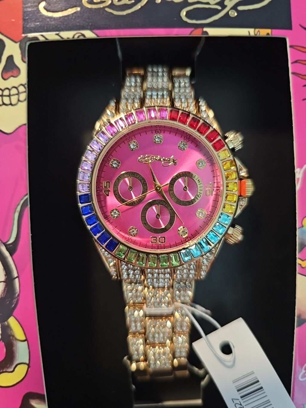 New Ed Hardy 2 Piece Gift SET BLING WATCH & COSMETICS BAG Y2K GOLD 5