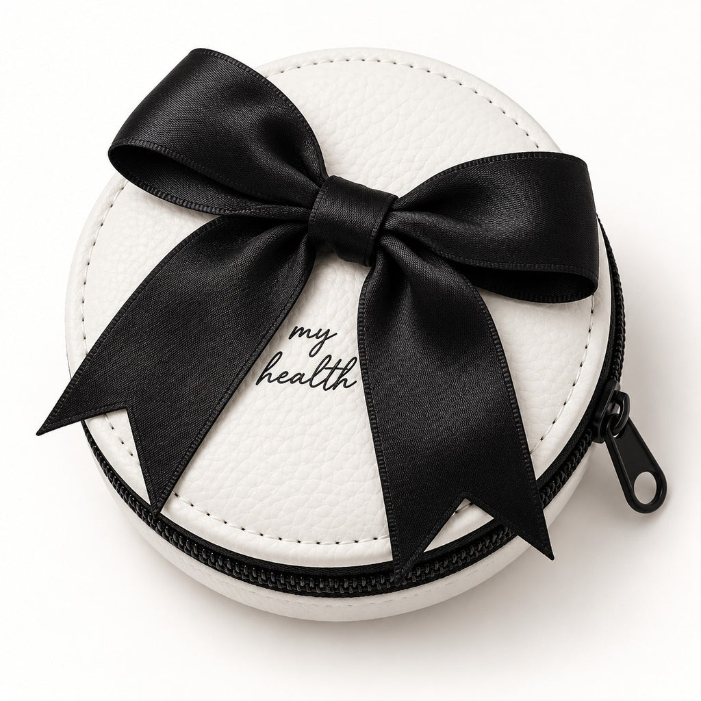 BEBE Pill Case 7 Day Weekly Travel Organizer White Black Satin Bow Zipper Pouch2