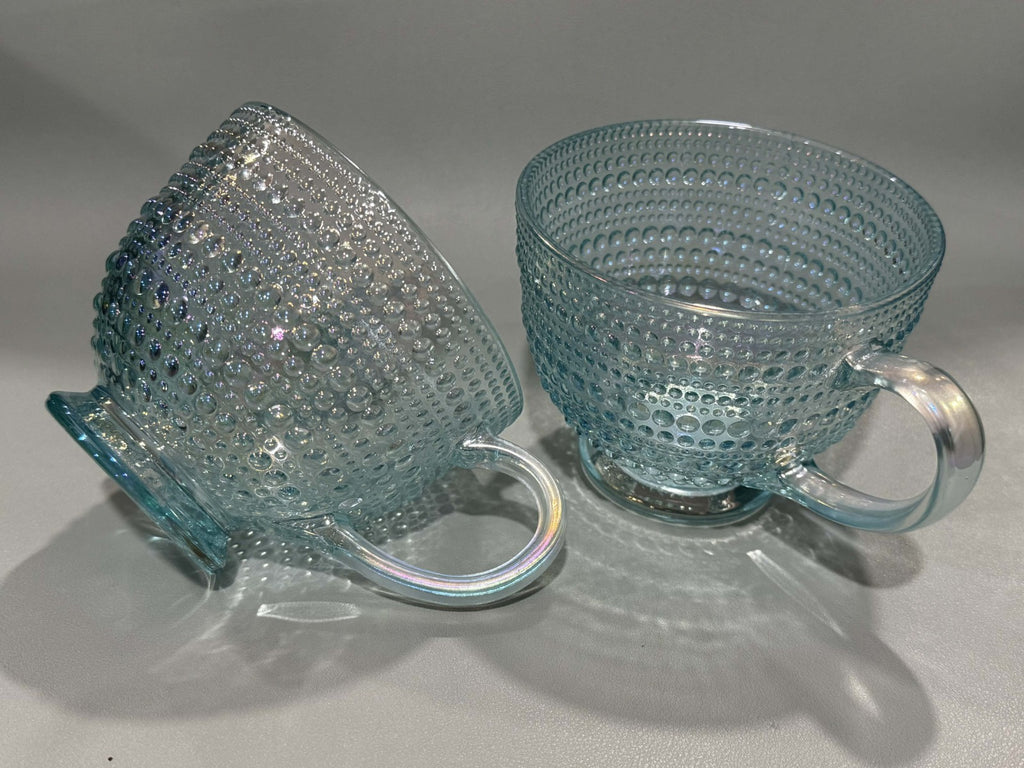 Iridescent Icy Aqua Bubble Bead Raised Texture 13.5 Oz Glass Tea Cup Mug Set 5