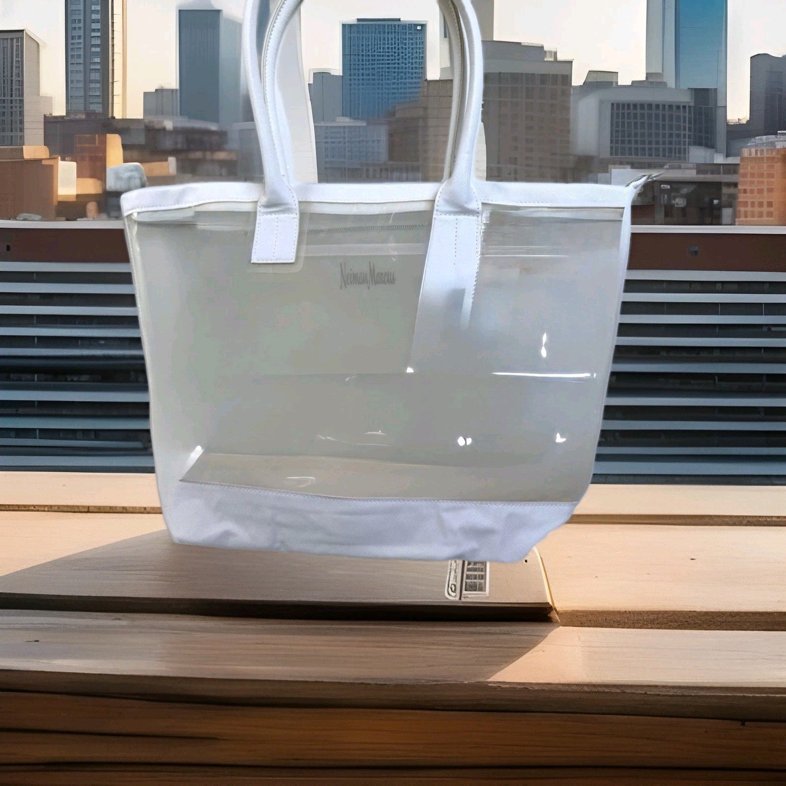 Neiman Marcus Clear PVC White Tote Bag With Zipper And Inner Pouch NEW0