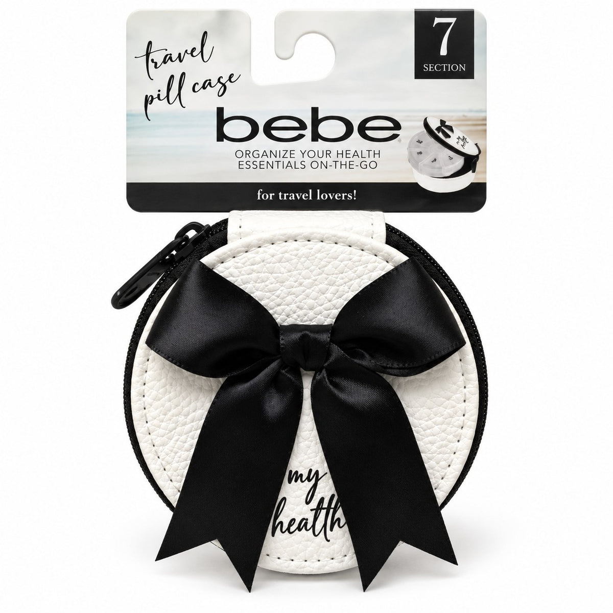BEBE Pill Case 7 Day Weekly Travel Organizer White Black Satin Bow Zipper Pouch0