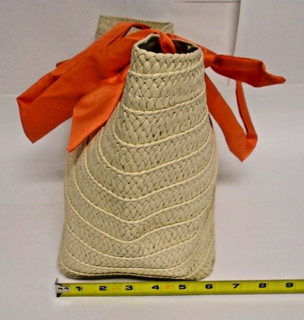 Neiman Marcus Straw Tote Bags  Beige Rattan, Orange Fabric Handles2