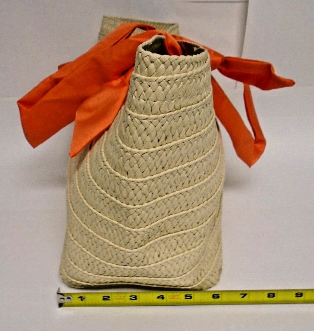 Neiman Marcus Straw Tote Bags  Beige Rattan, Orange Fabric Handles2