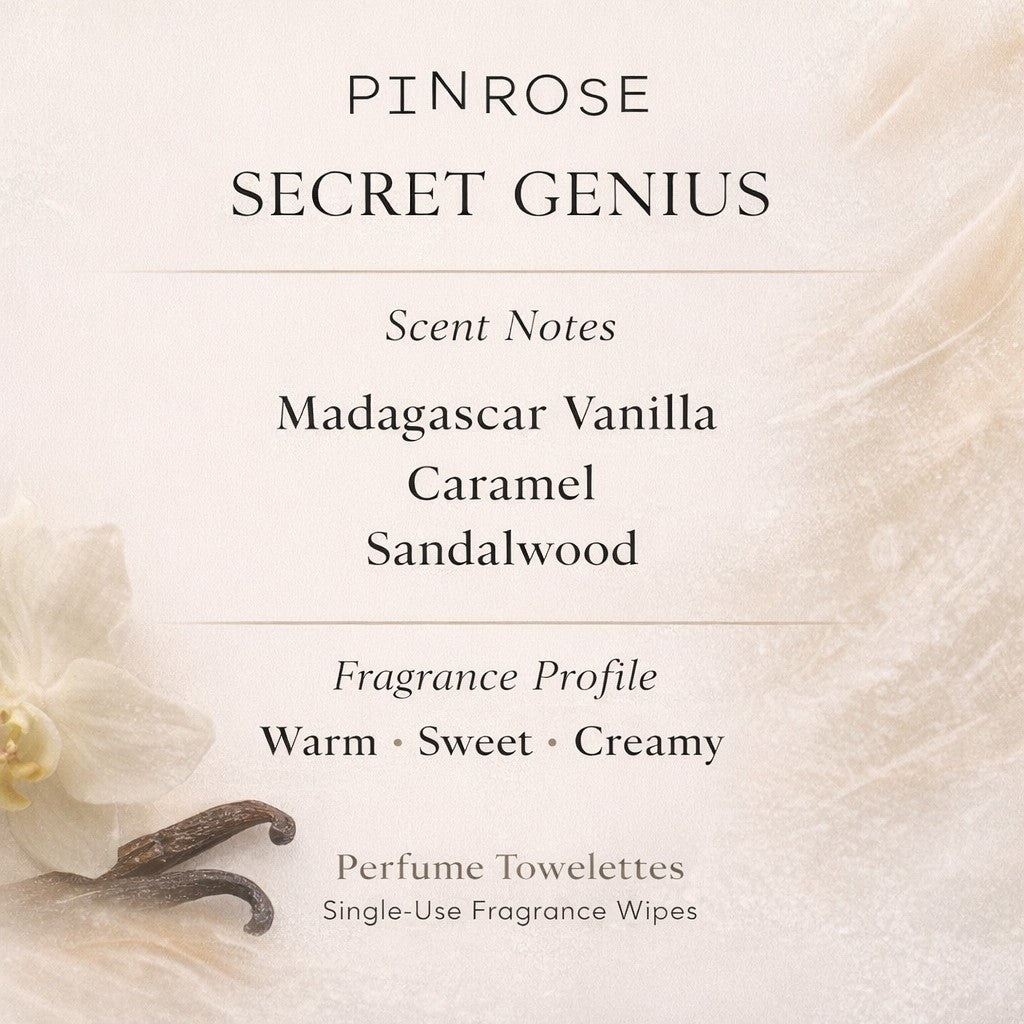 PINROSE Secret Genius 15 Petals Perfume Towelettes, Vanilla, Caramel, Sandalwood1