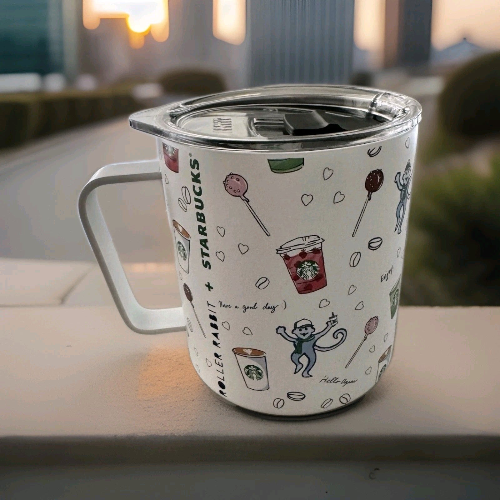 Starbucks X Roller Rabbit 12oz Stainless Steel Mug Cup Holiday Monkeys Brand New0