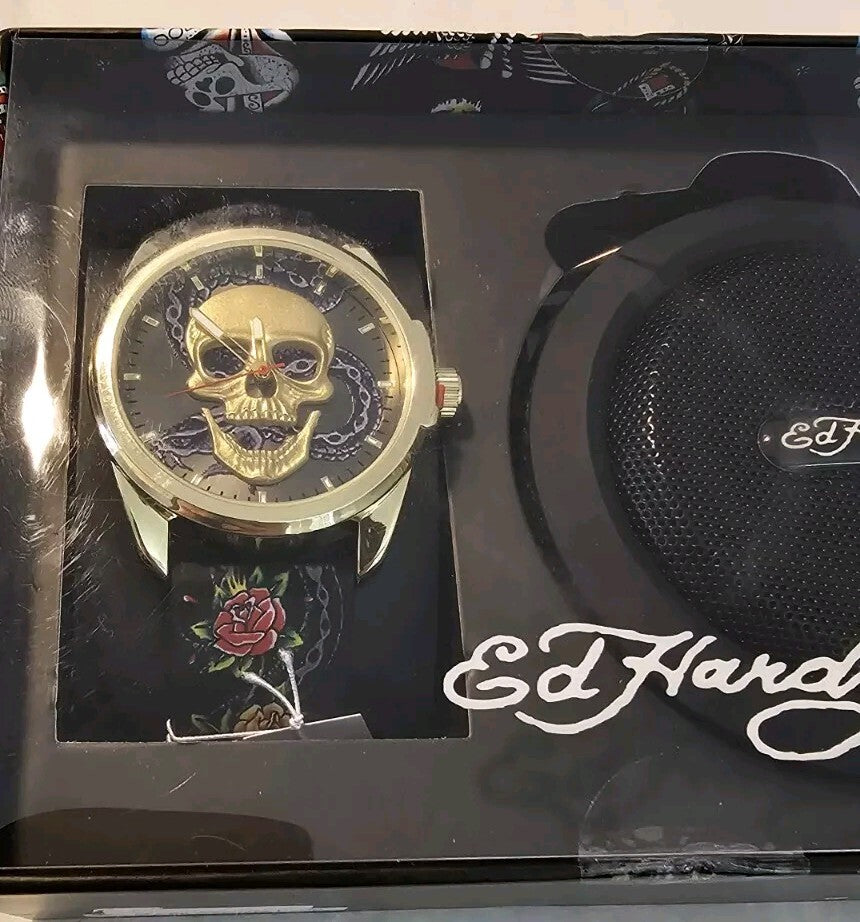 New Ed Hardy 2 Piece Gift SET BLING WATCH & Bluetooth Speaker Y2K GOLD 2