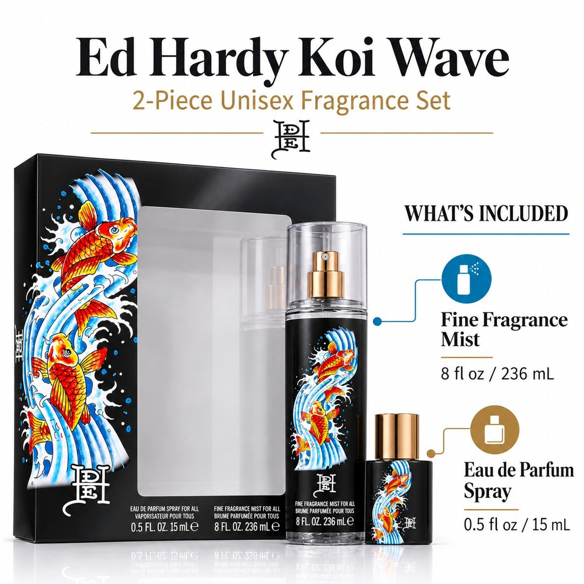 Ed Hardy Koi Wave Unisex Gift Set 2pc Eau de Parfum 0.5 oz & Body Mist 8 oz1