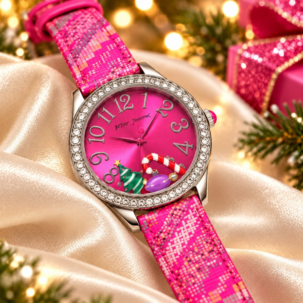 Betsey Johnson Pink Christmas Holiday Watch Rhinestone Leatherette Band Gift Box2