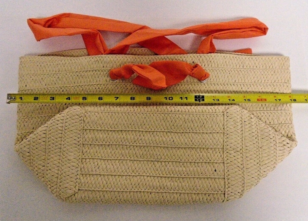 Neiman Marcus Straw Tote Bags  Beige Rattan, Orange Fabric Handles4