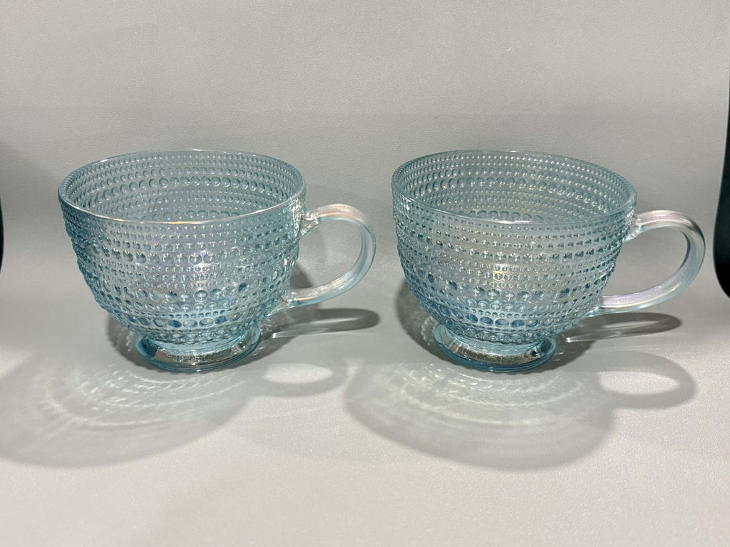 Iridescent Icy Aqua Bubble Bead Raised Texture 13.5 Oz Glass Tea Cup Mug Set 6