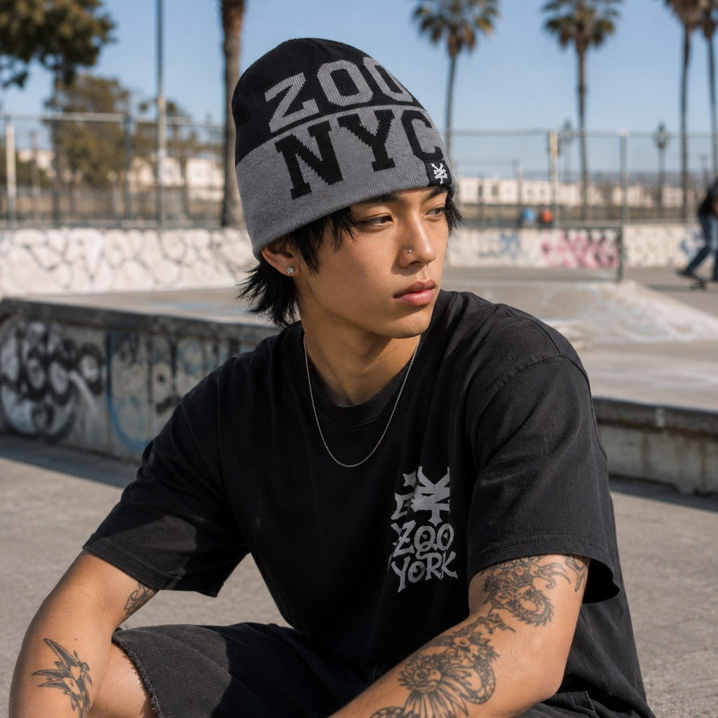 Zoo York NYC Y2K Beanie Hat Gray Black Knit Winter Streetwear Skater Cap NWT1