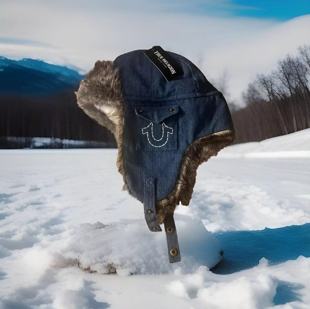 True Religion Trapper Hat Dark Blue Denim Faux Fur Horseshoe Pockets Chin Strap0