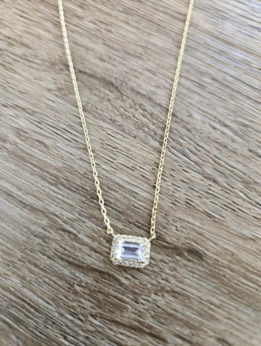 By Adina Eden Gold Pave Outlined Baguette Solitaire Pendent Necklace NIP2