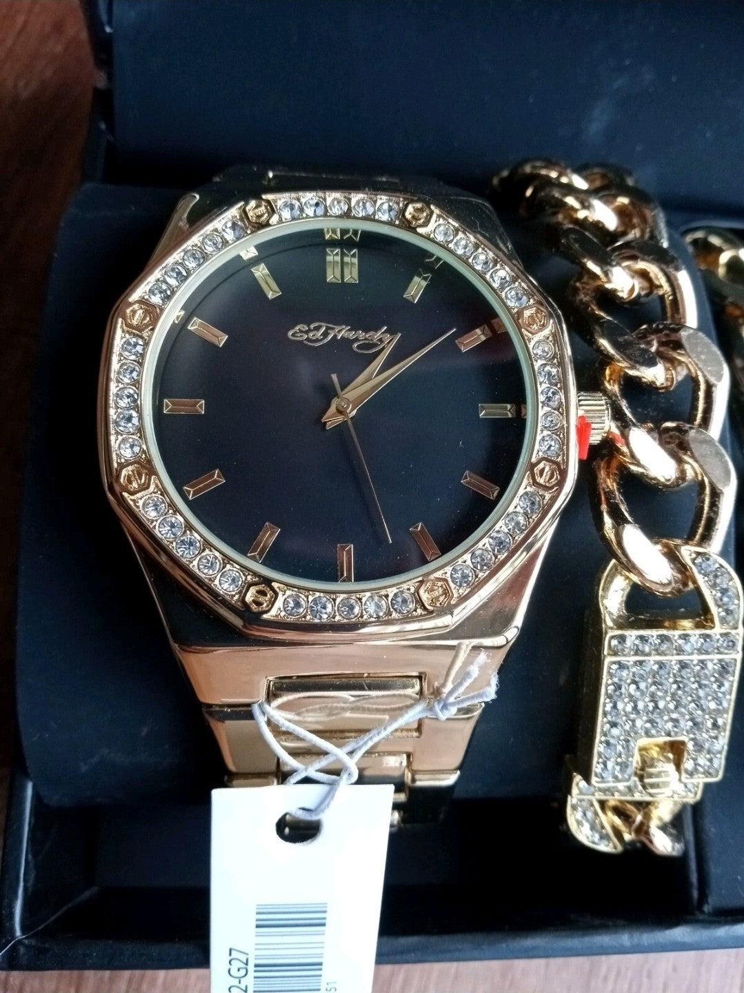 Ed Hardy Men's Shiny Gold Metal Cuban Neck Chain Bracelet Watch 42mm Gift Set2