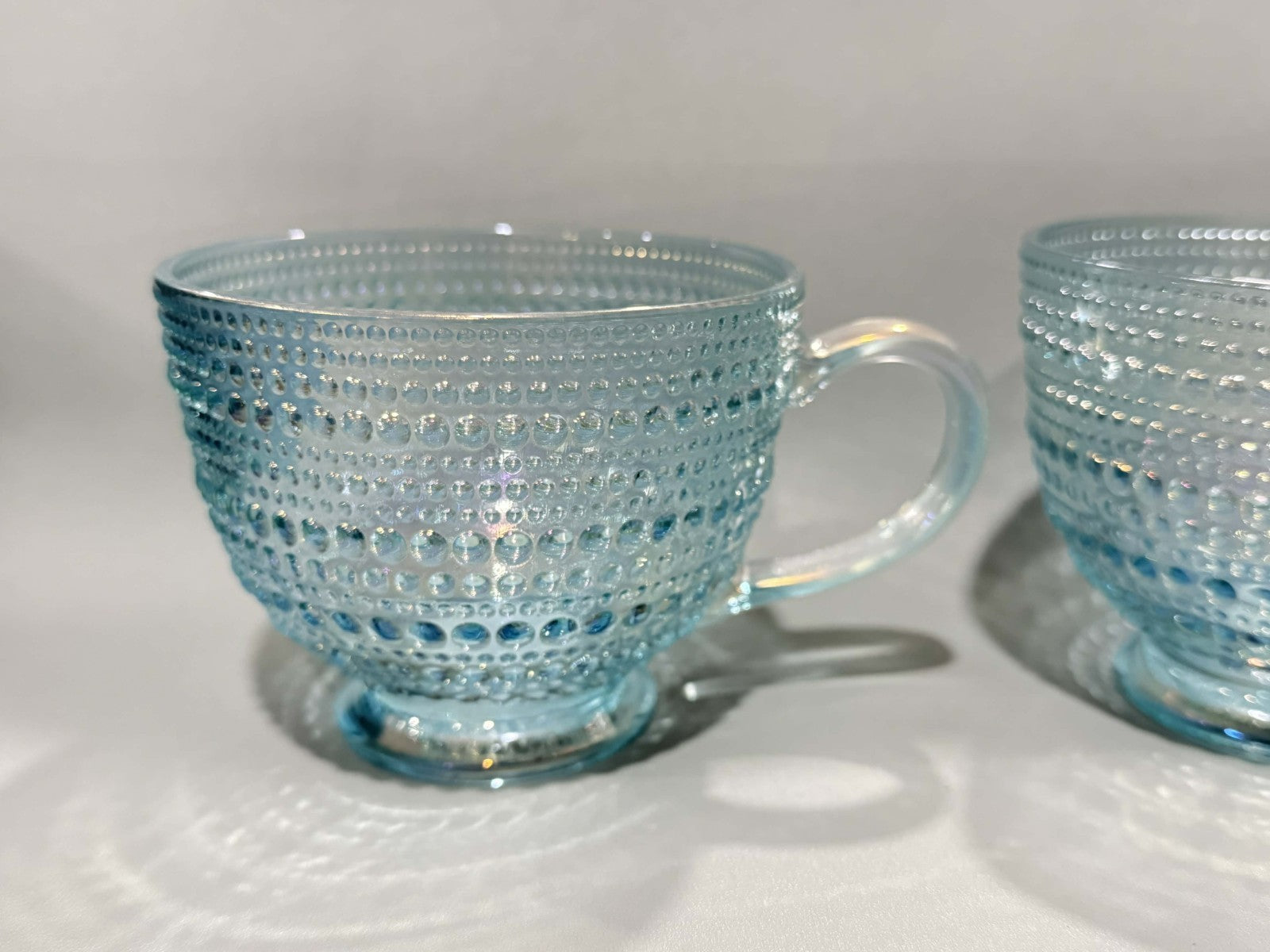 Iridescent Icy Aqua Bubble Bead Raised Texture 13.5 Oz Glass Tea Cup Mug Set 7