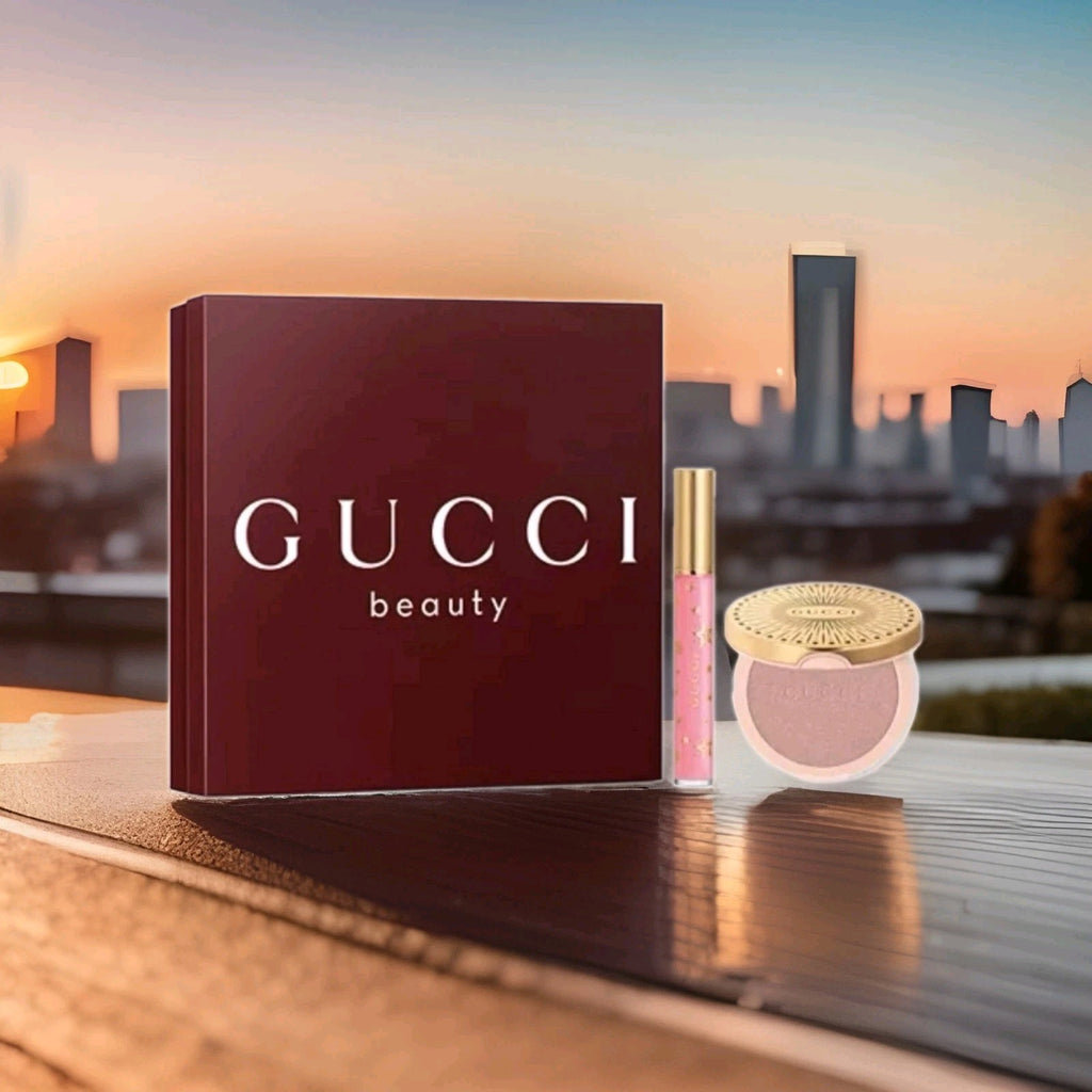 GUCCI Beauty Glow Highlighter Powder & Plumping Lip Gloss Set Opal Pink Bertha0