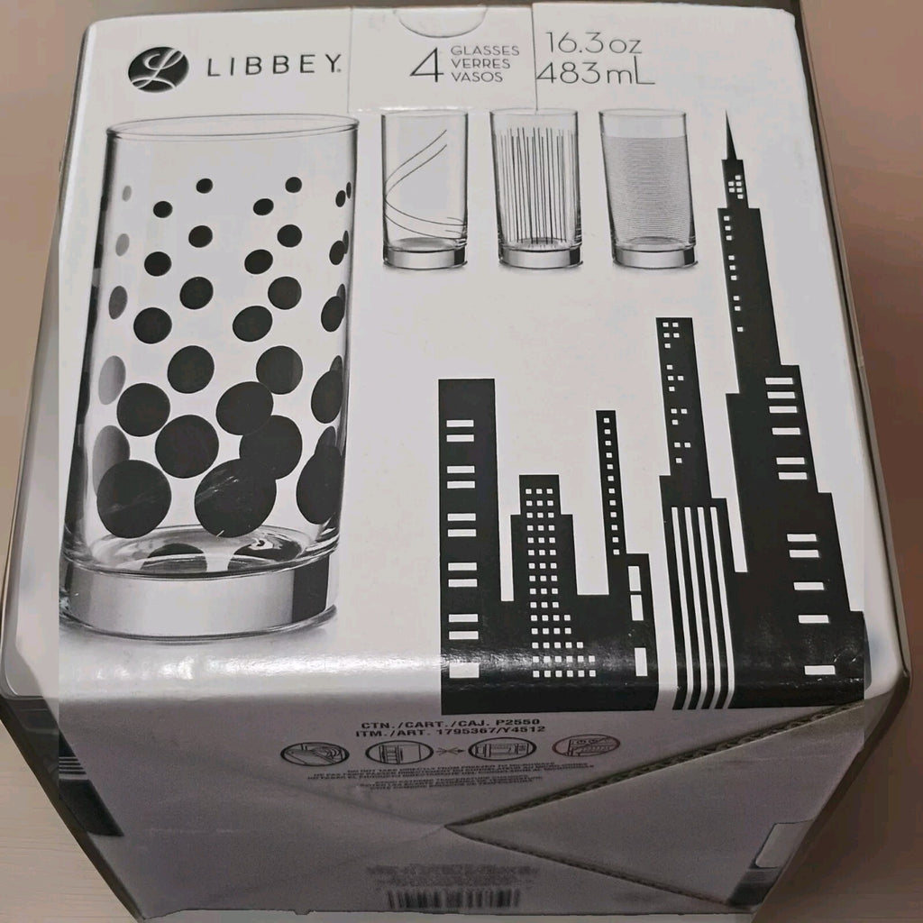 Vtg Libbey Glass Mid Century Geometric City 16 oz Tumbler Set Of 4 Black Modern0