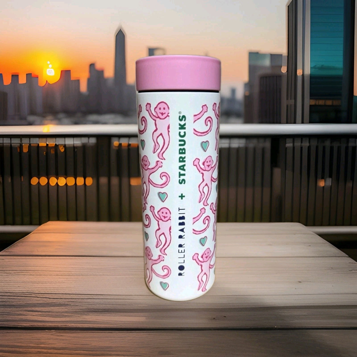 Starbucks x Roller Rabbit Pink/White Monkey Print Bottle Tumbler 16 fl oz *NEW*1