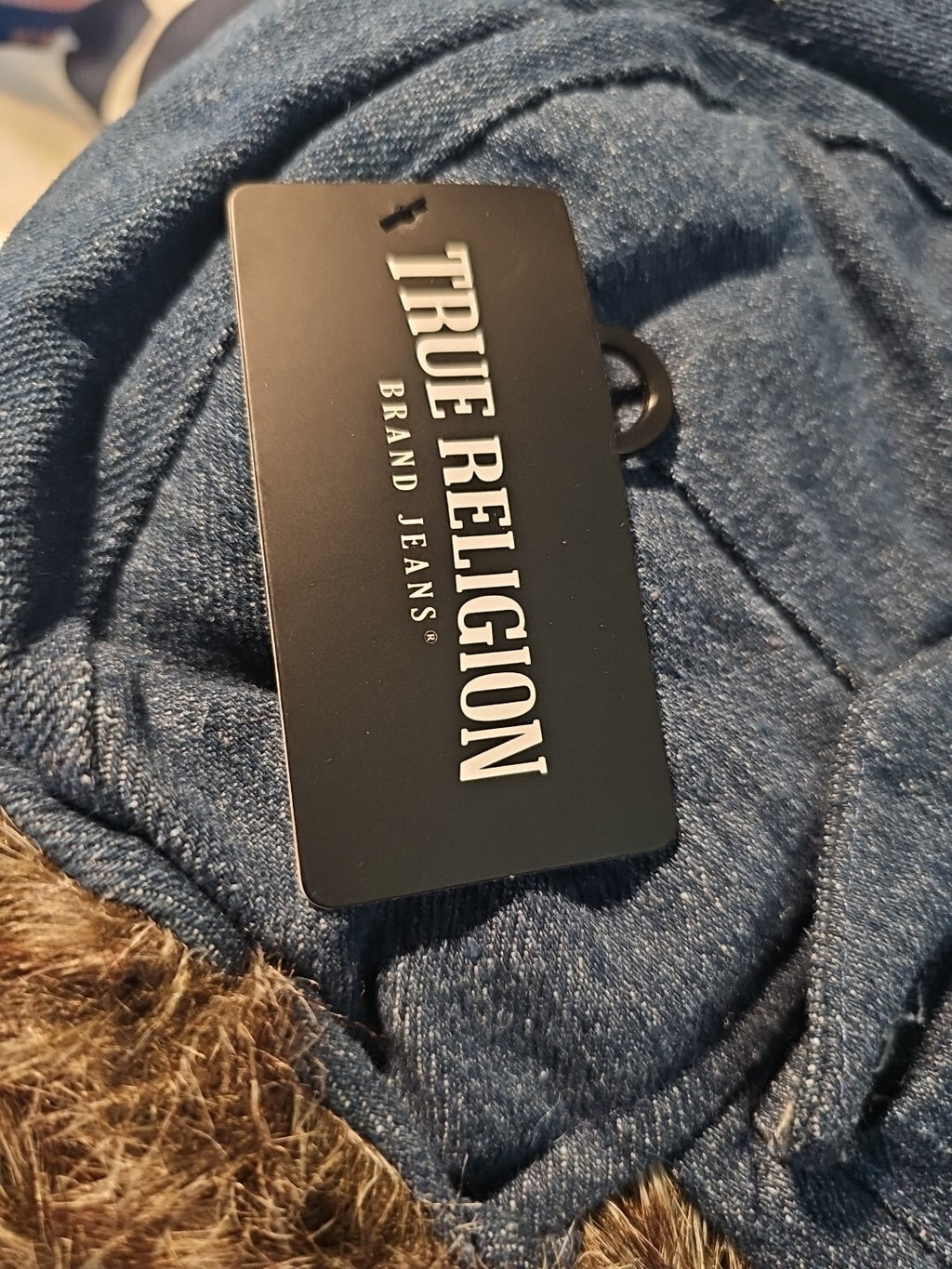 True Religion Trapper Hat Dark Blue Denim Faux Fur Horseshoe Pockets Chin Strap6