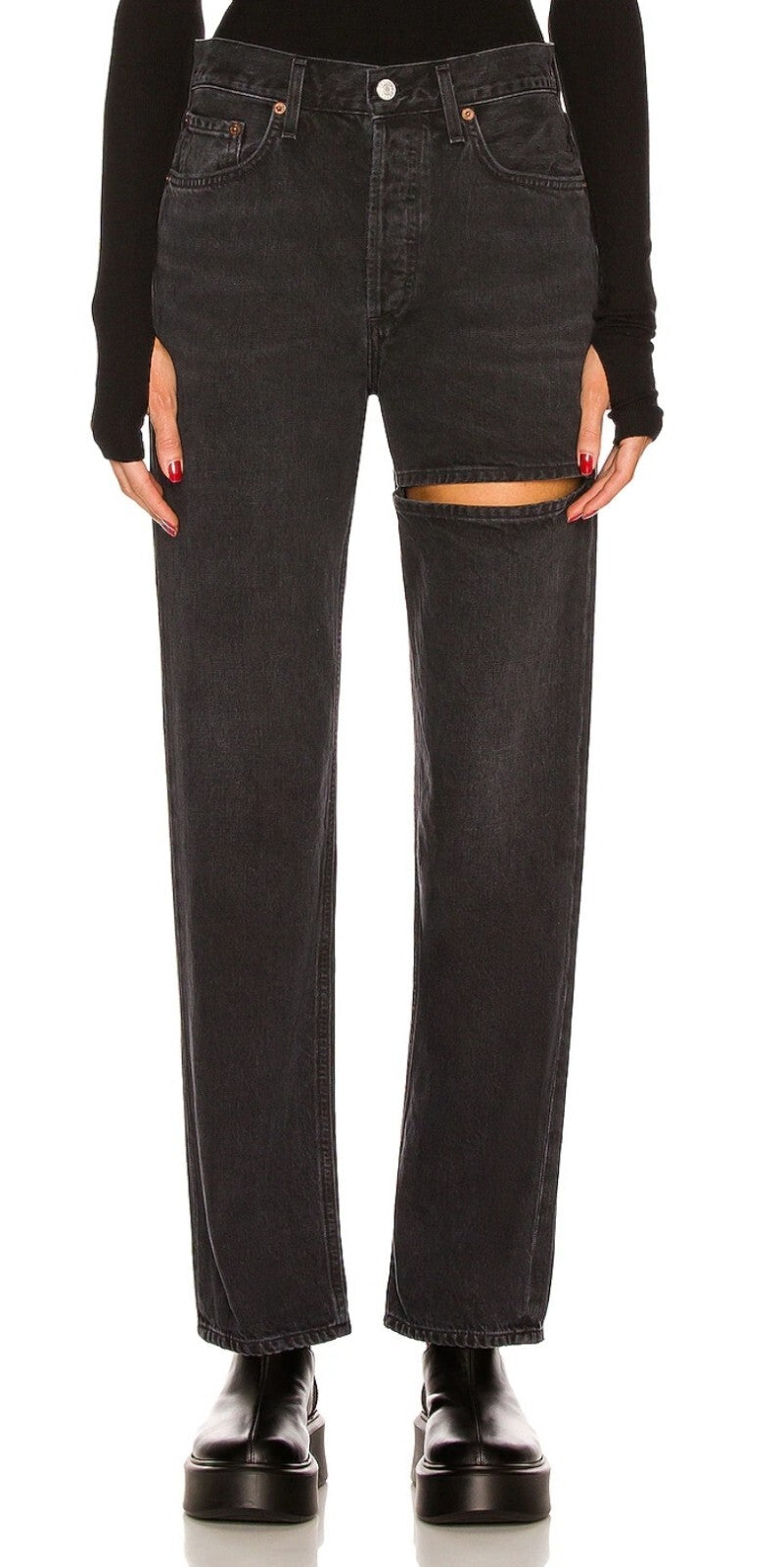 $219 Agolde Women Black Lana Slice Relaxed Straight Leg Denim Pants Jeans Sz 270