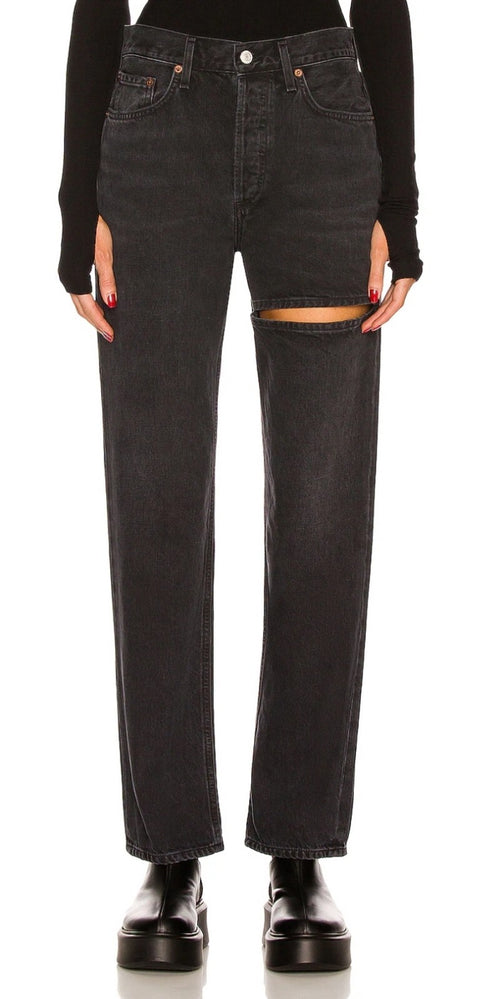 $219 Agolde Women Black Lana Slice Relaxed Straight Leg Denim Pants Jeans Sz 270