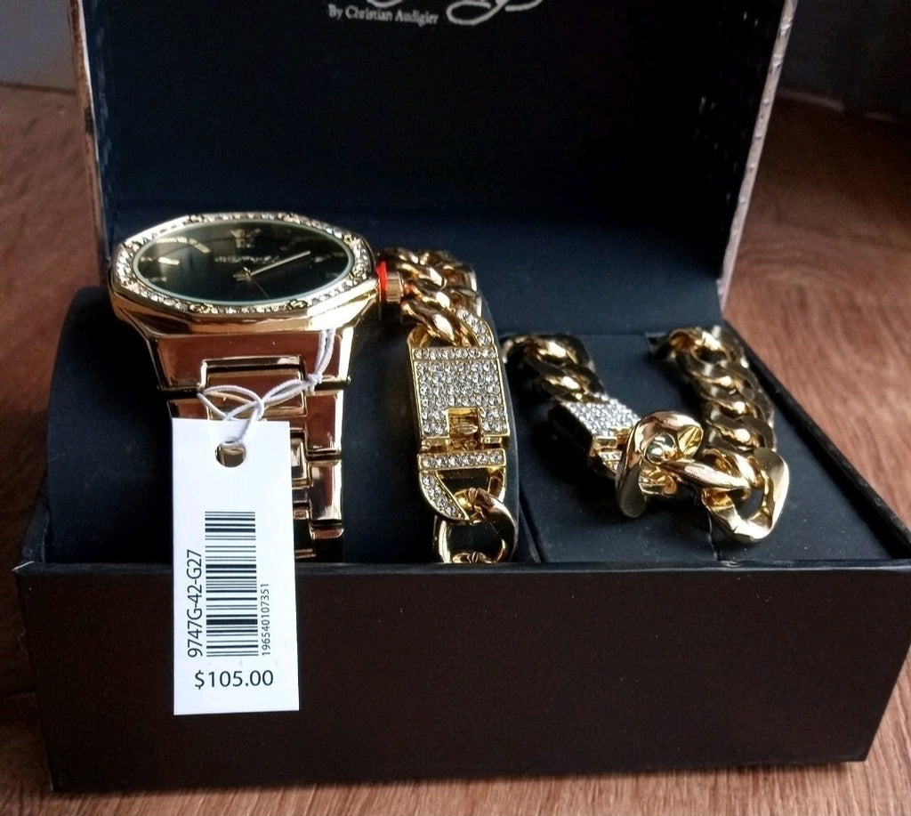 Ed Hardy Men's Shiny Gold Metal Cuban Neck Chain Bracelet Watch 42mm Gift Set3