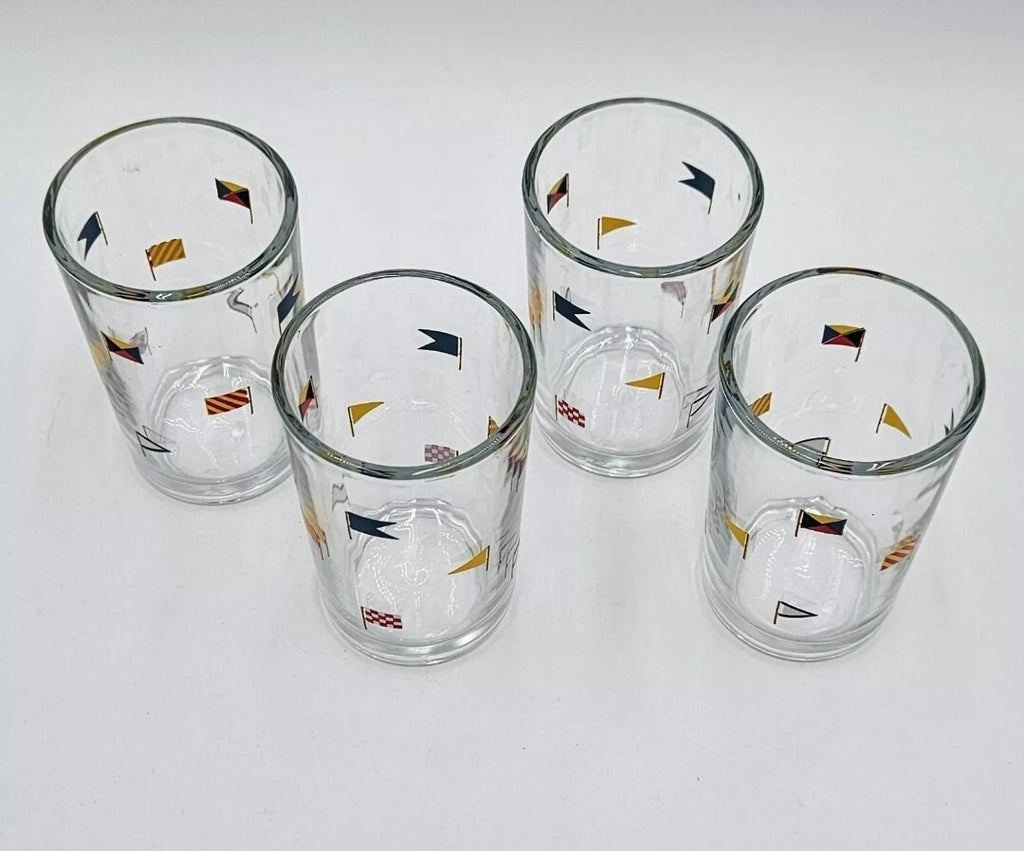 Pottery Barn Colorful Nautical Flag Set of 4 Juice Glasses, Coastal/Boats NEW2