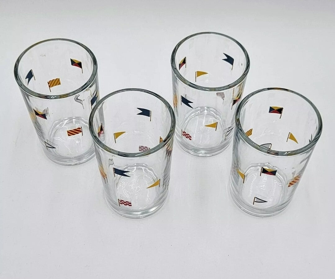 Pottery Barn Colorful Nautical Flag Set of 4 Juice Glasses, Coastal/Boats NEW2