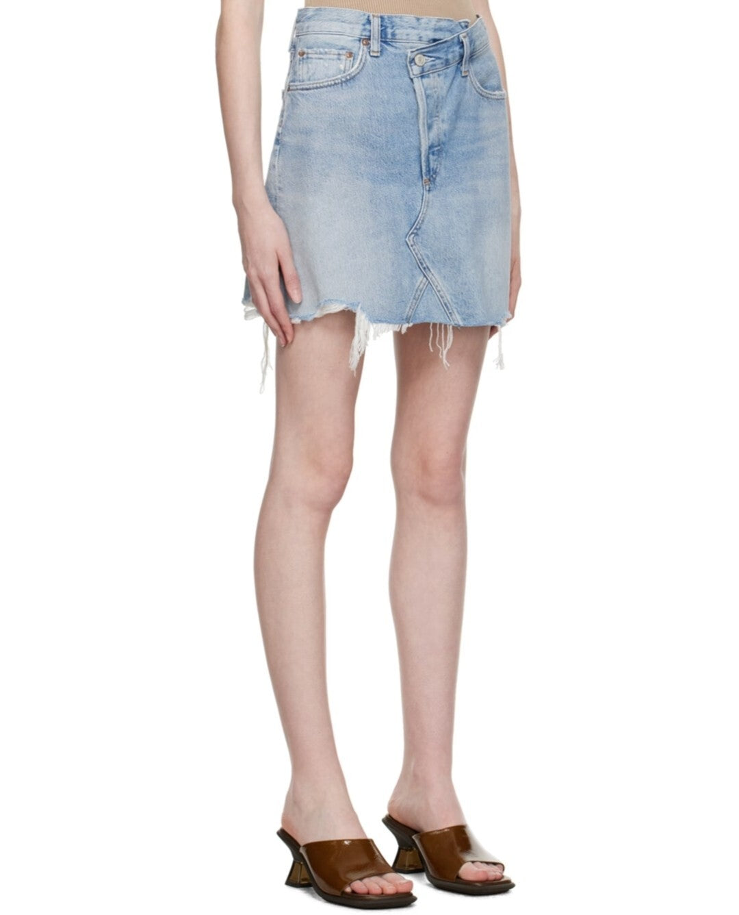 AGOLDE Asymmetric Crisscross Denim Mini Skirt Women's 27 Symbol Frayed Edge Hem~1