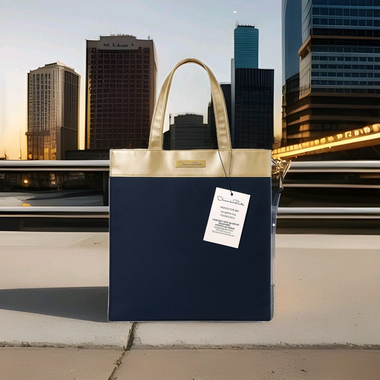 NWT Oscar De La Renta Neiman Marcus X Navy / Gold Nylon Tote Bag Handbag  0