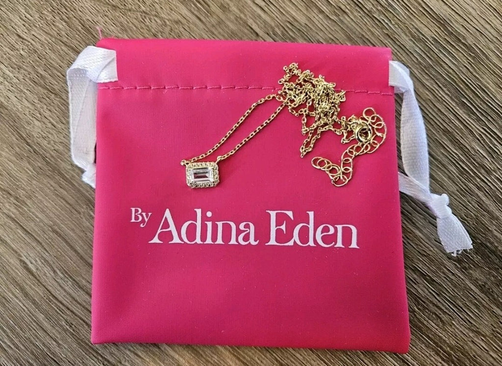 By Adina Eden Gold Pave Outlined Baguette Solitaire Pendent Necklace NIP0