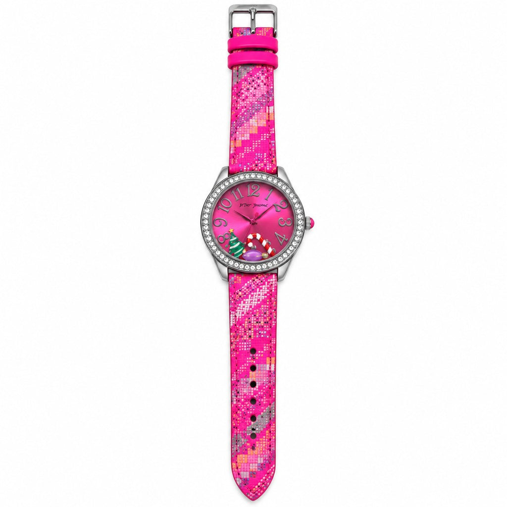 Betsey Johnson Pink Christmas Holiday Watch Rhinestone Leatherette Band Gift Box1