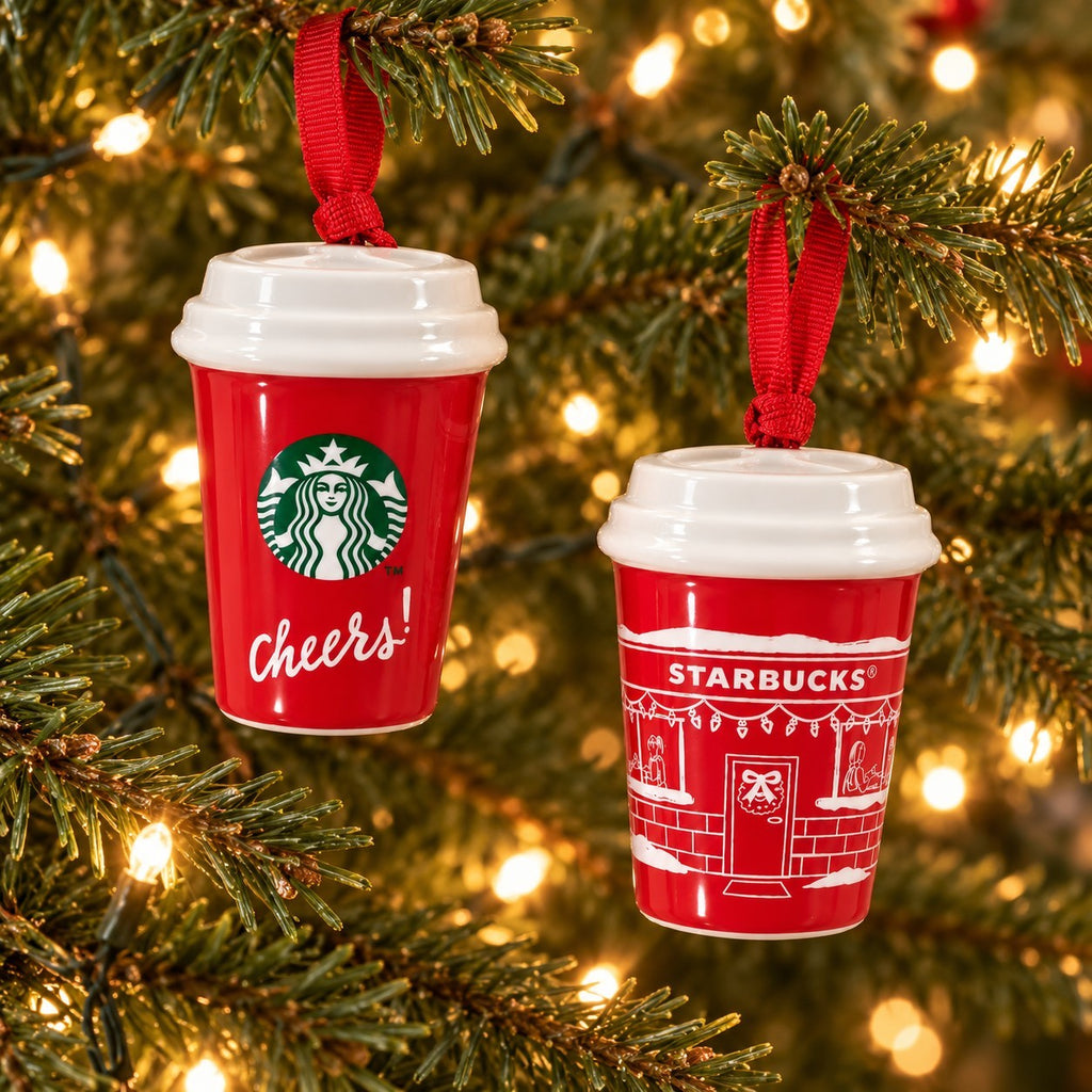 2x Starbucks 2025 Christmas Holiday Cheers Store Front Red Cup Ornament Lot New4