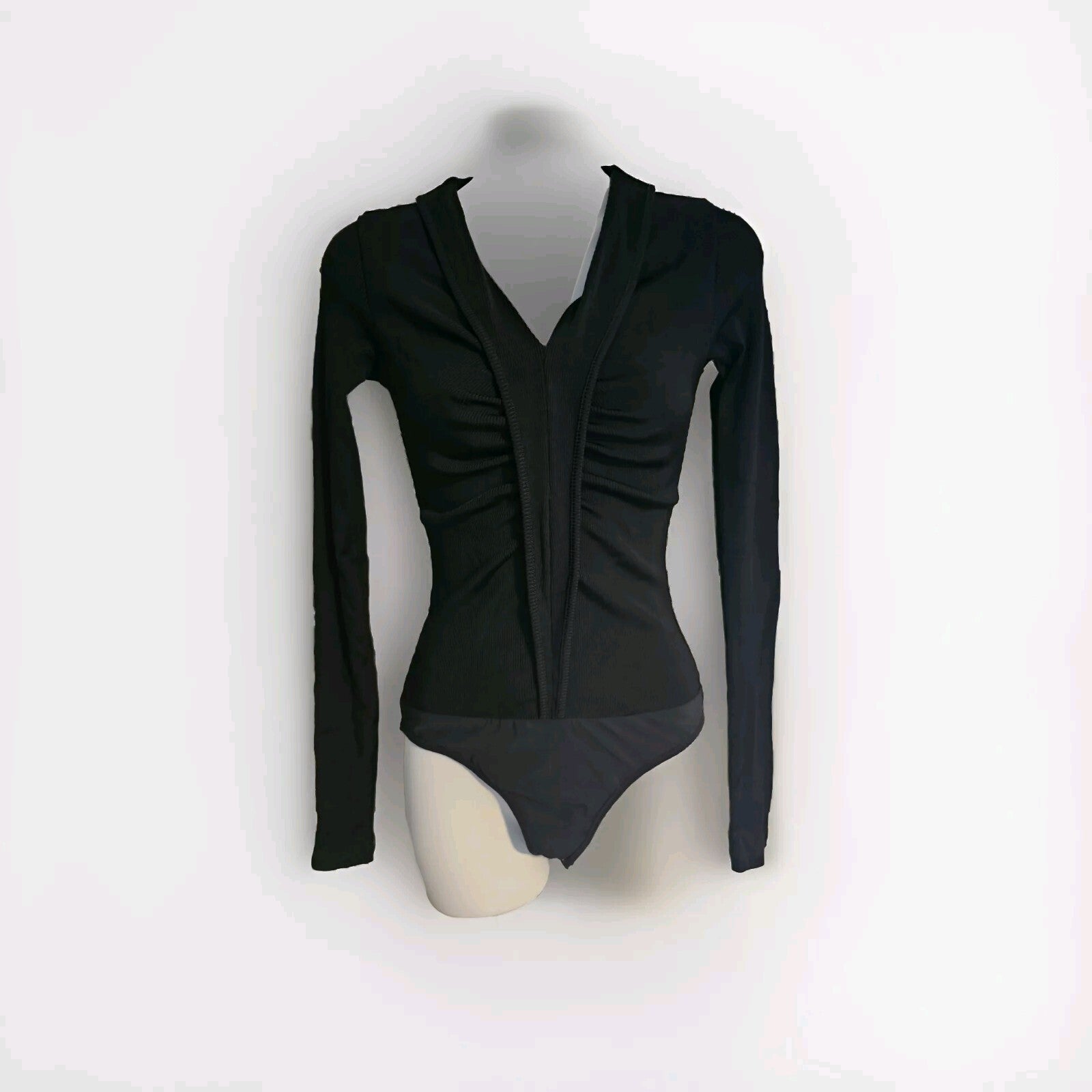 NWOT Goldsign Womens Ribbed Knit Long Sleeve Ruched Bodysuit Black Size Sm Sampl0
