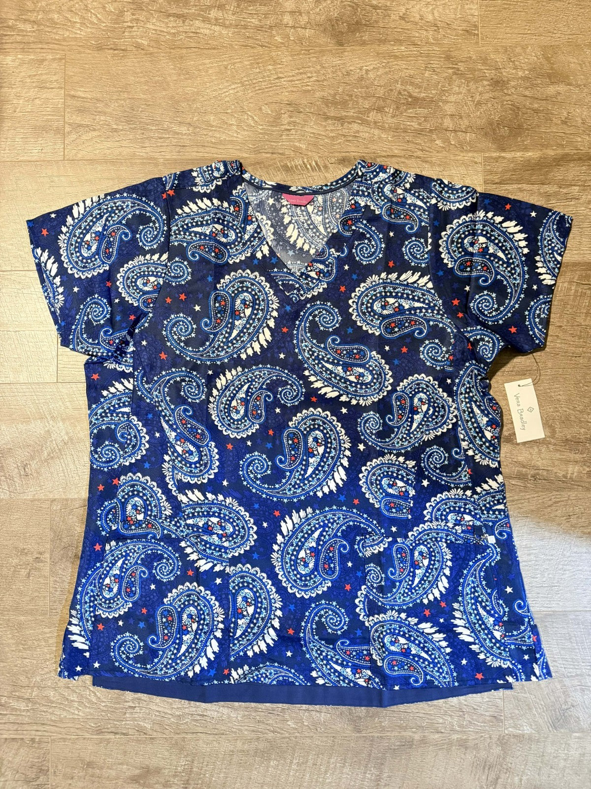 Vera Bradley Scrub Top Womens Lg Firework Paisley Blue Patriotic Stars Rare NWT2