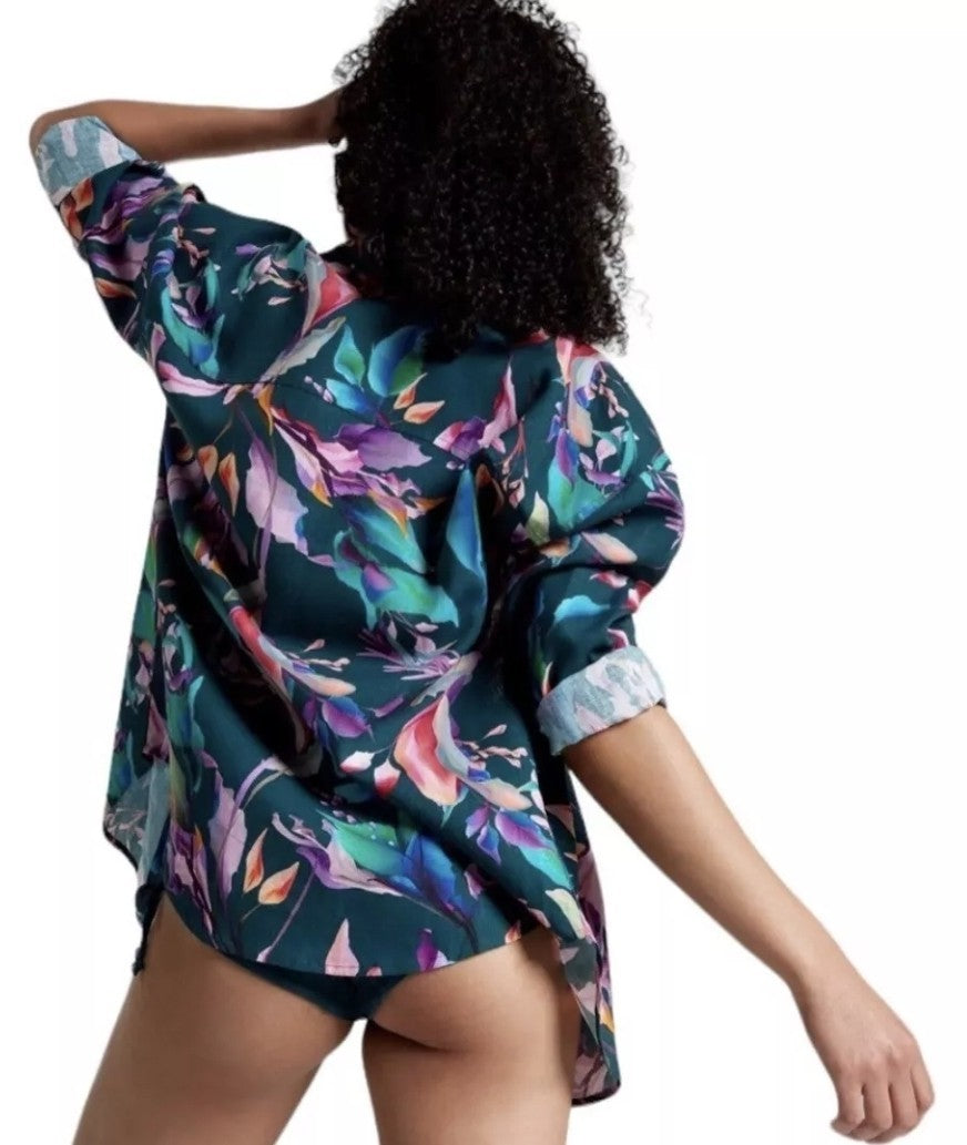 CALIA Women's Swim Oversized Long Sleeve Button Down Cover Up Floral M NWT 1