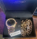 Ed Hardy Men's Shiny Gold Metal Cuban Neck Chain Bracelet Watch 42mm Gift Set0