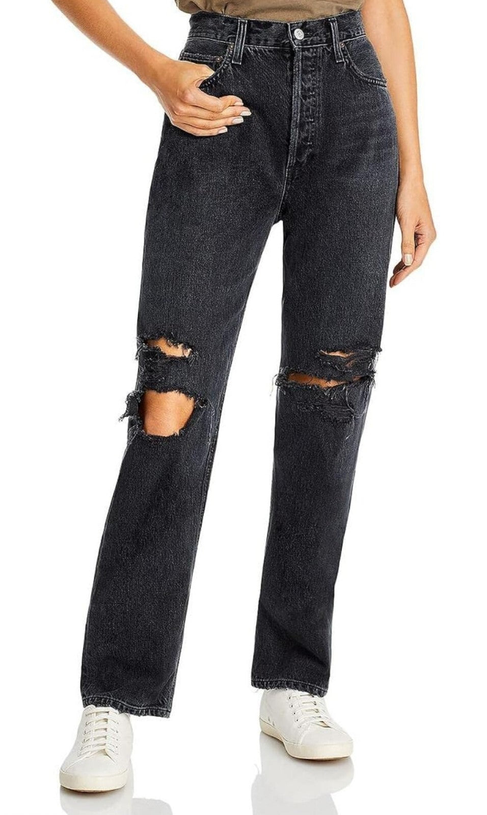 Agolde 90s Pinch Waist High-Rise Organic Cotton Jeans Distressed Blackz 27 $1880