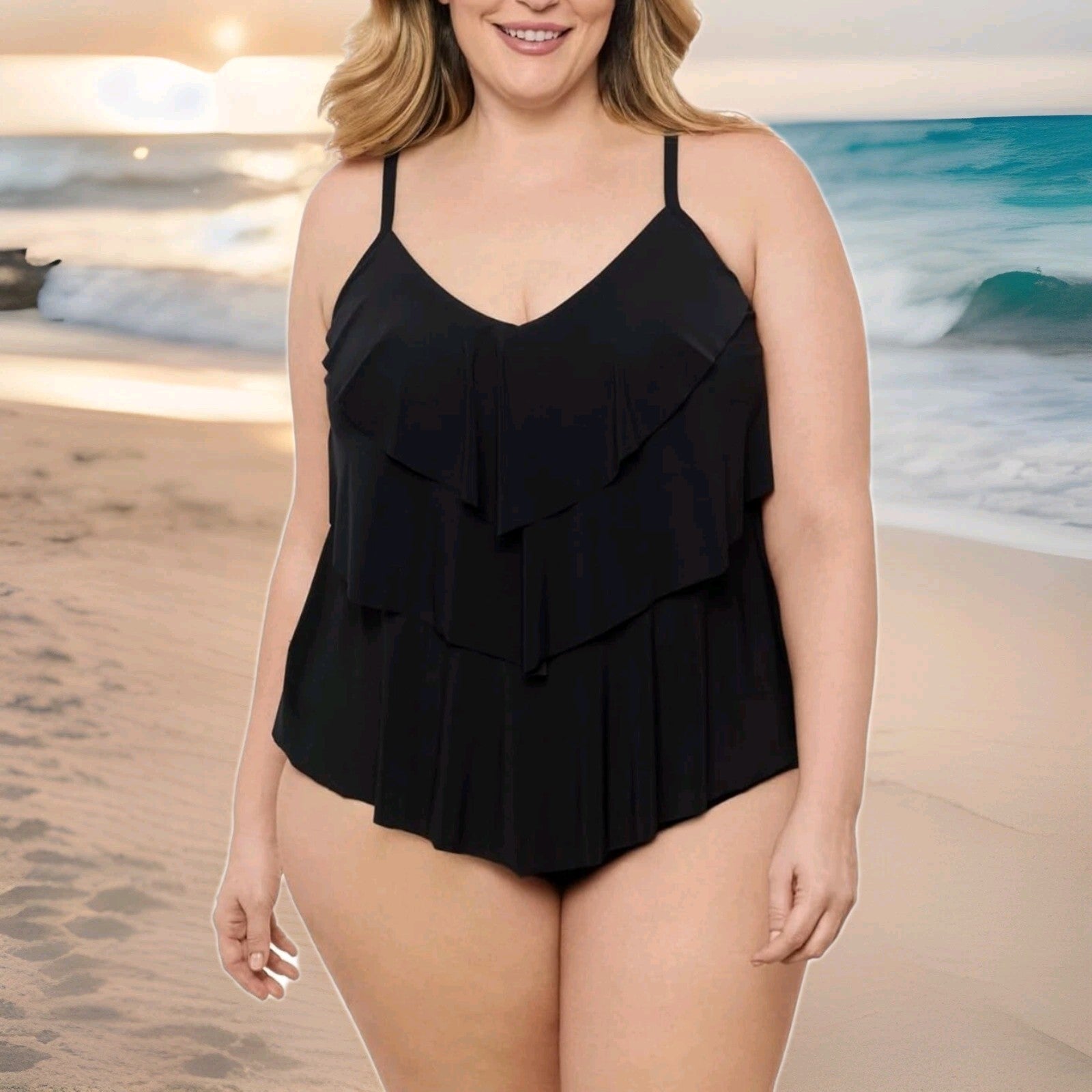 Aqua Green Black Tankini Top Swimwear XL NWT New Woman’s UPF 50 Tiered Ruffle 0