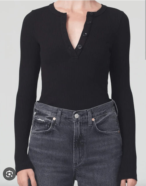 $158 Citizens of Humanity Women's Black Celeste Back Cutout Henley Top Size Sm0